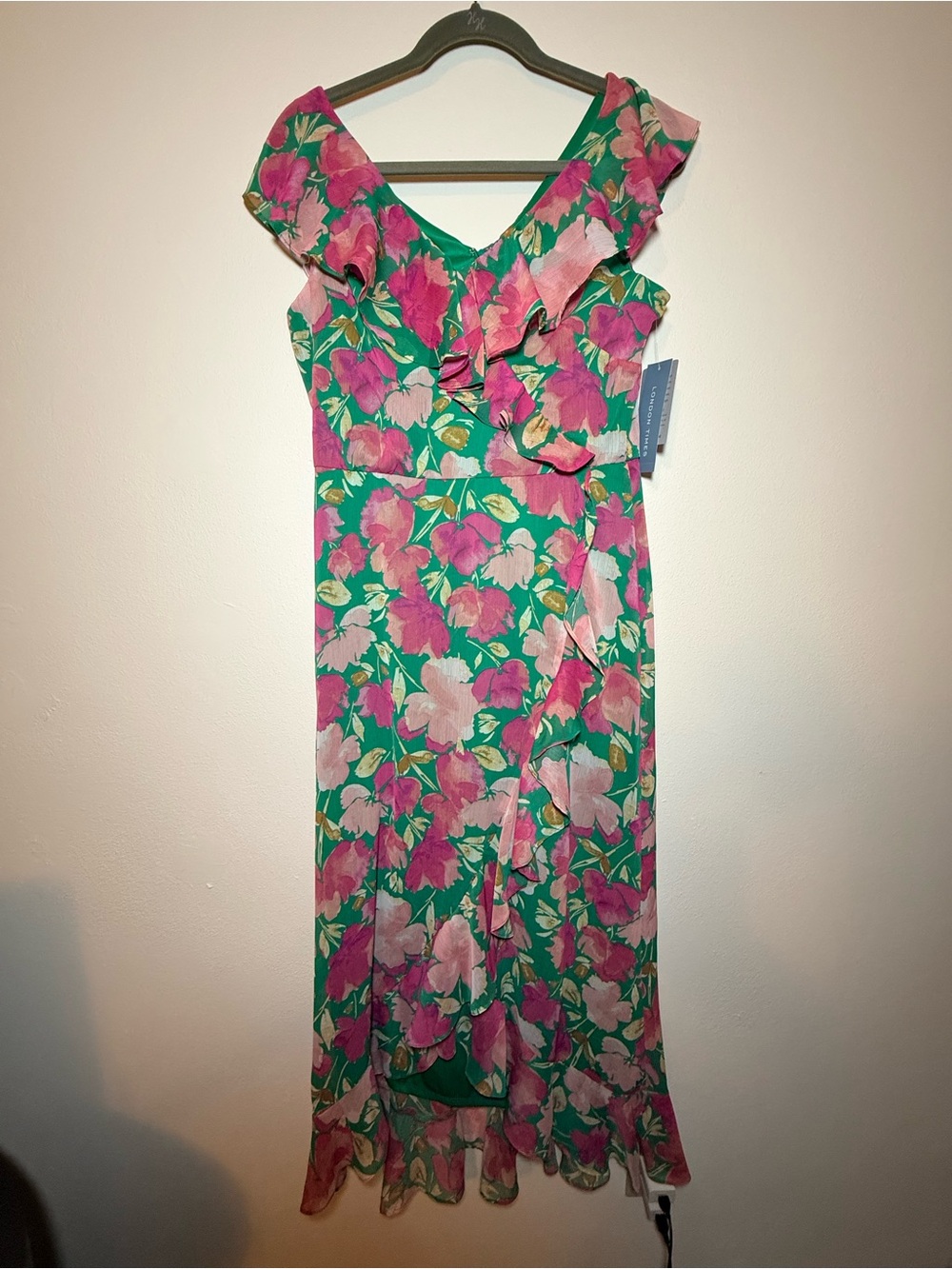 NWT - Bold Floral Ruffle Midi Dress - Green & Pink